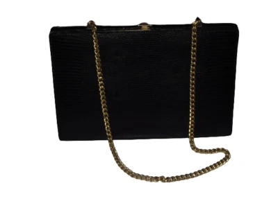 Sac en lézard noir des années 50 porté main à fermoir laiton - Photo 1/4