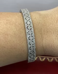 Bracciale tennis antico edoardiano pavè di diamanti argento sterling 6 3/4 - Foto 1 di 11