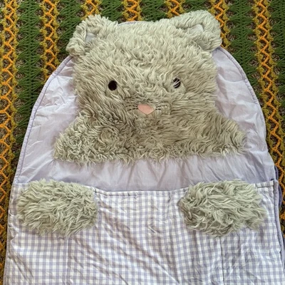 Saco de dormir Pottery Barn Kids cabeza peluda gris gato púrpura guinga SIN monograma Foto 1 de 4