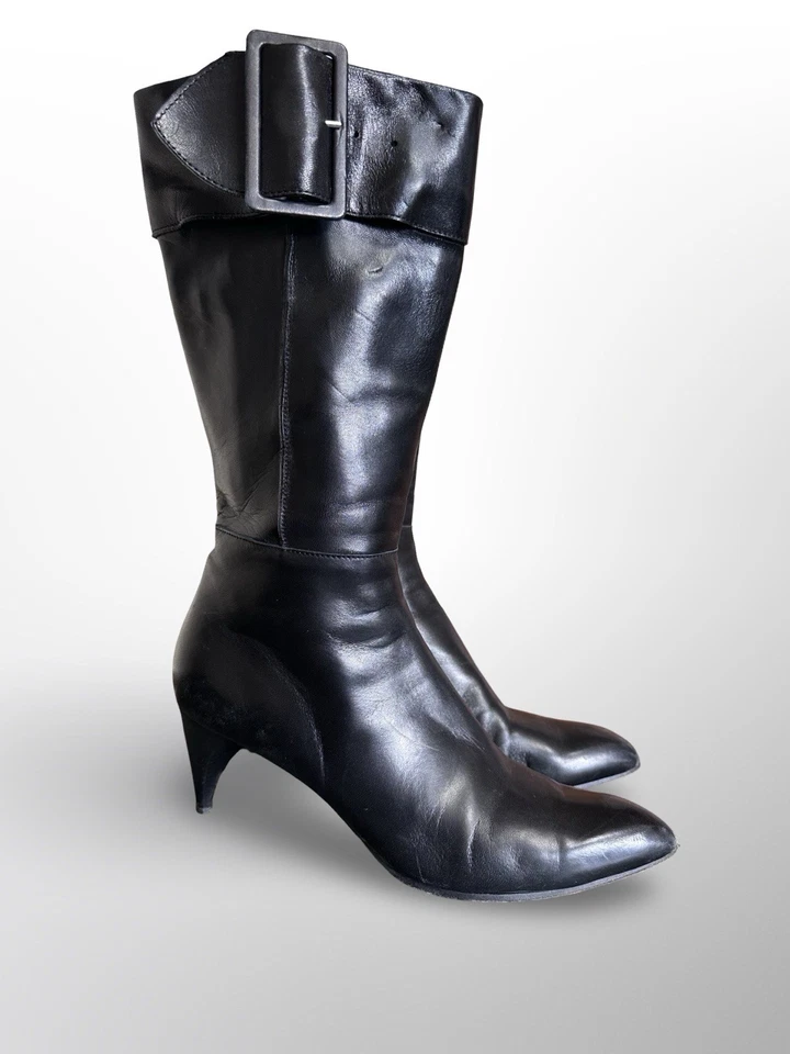 Botas negras vintage Y2K Disfraz Nacional con cinturón media pantorrilla punta de aguja punta 39 Foto 1 de 4