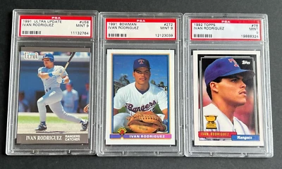 QTY 3 Ivan Rodriguez PSA Mint9 Cards-1991 BOWMAN, 1991 ULTRA UPDATE & 1992 TOPPS - Image 1 of 2