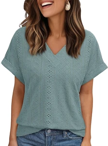 V Neck T Shirts for Women Eyelet Embroidery Summer Spring Casual Cute Tops Fashi - Picture 1 of 12