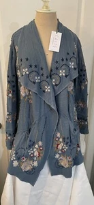Caite EMBROIDERED JACKET Open style cardigan with pockets Washed Blue Sz S NWT - Picture 1 of 8