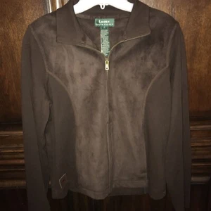 RALPH LAUREN Green Label Sweater Jacket Size Small S Zip Up BROWN Faux Suede - Picture 1 of 5