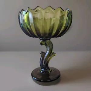 Indiana Glass Green Lotus Blossom Footed Compote Dish 7.5" Pedestal Bowl Vintage - Picture 1 of 9