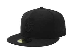 New Era 59Fifty Men Boys Cap MLB Seattle Mariners Black On Black Hat Size 6 7/8 - Picture 1 of 5
