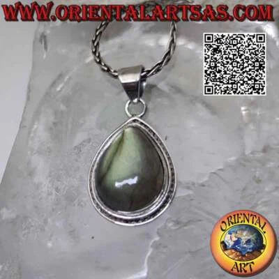 Ciondolo in argento 925‰ labradorite a goccia cabochon su montatura liscia con f - Immagine 1 di 4