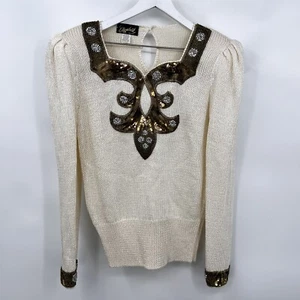 Vintage Elizabeth New York Knit Sweater Sequin Beaded Embellished Keyhole Back S - Picture 1 of 8