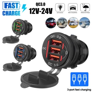 QC3.0 Quick Charger 3USB Port Socket Power Outlet LED for 12-24V Car Boat Marine - Picture 1 of 15
