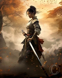 Japanese Onna-Bugeisha Confident Samurai Warrior Fantasy Giclée Art Print 8x10 - Picture 1 of 2
