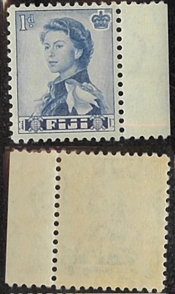 1954 Fiji Queen Elizabeth Last MNH Blue 1d Side Tab Stamp Crown Watermarks issue - Image 1 of 1