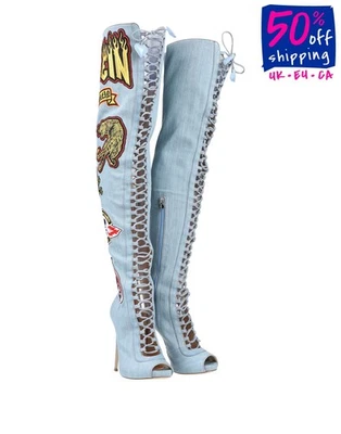 RRP€1000 PHILIPP PLEIN Denim Over The Knee Boots US5.5 UK3.5 EU36 Made in Italy - Изображение 1 из 4