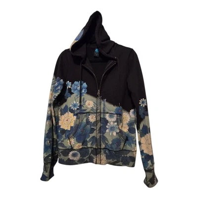 Vtg 90s Y2K Lucky Brand Asian Floral Hoodie MED Navy Streetwear Grunge Pockets  - Image 1 of 4