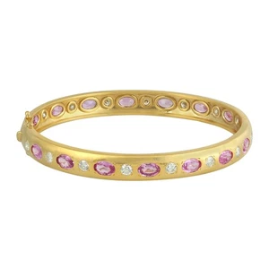 Brazalete de zafiro rosa natural con diamantes para mujer en joyería de oro amarillo de 18 k - Imagen 1 de 6