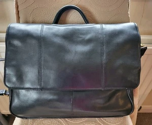Debenhams Vintage Black Genuine Leather Briefcase Crossbody Work Office Bag - Picture 1 of 14