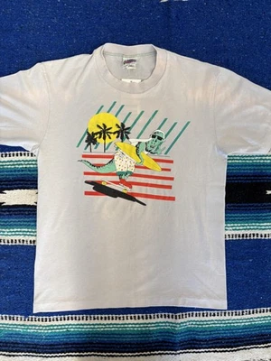 VINTAGE Surf Skate Alligator Shirt Mens Large Gray Made in USA 1986 Graphic 80s - Image 1 of 4