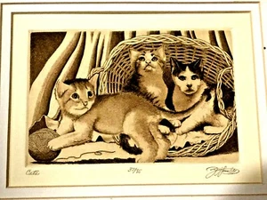 SCHÖNE VINTAGE LIMITIERTE 37/85 GRAVUR RADIERUNG KATZEN SIGNIERT - Bild 1 von 8