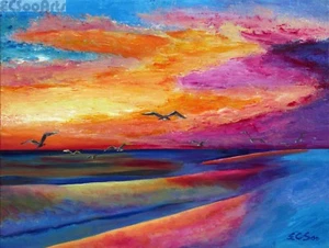 Original Acrylic Painting of Seascape "Romantic Memory", Artist Signed, Beach - Picture 1 of 2