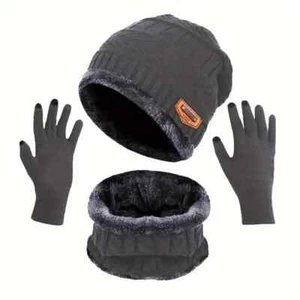Juego de 3 Guantes Invierno Tejido Cálido Gorro Cuello Cicatriz Pantalla Táctil Gris - Imagen 1 de 5