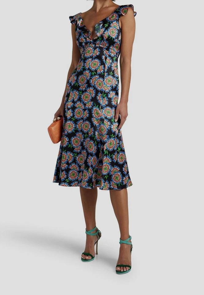 Saloni Women's Black Silk Floral Ruffled Sleeveless A-Line Dress Size US 4