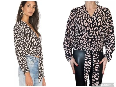 Diane Von Furstenberg DVF 真丝短裹身腰带上衣黑色粉红色动物印花 M — 第 1/4 张图片