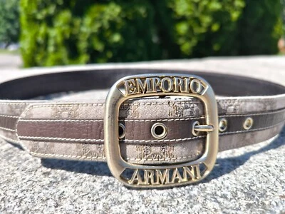 EMPORIO ARMANI Marrón Beige Lona Cuero Cinturón Logo Hebilla 33-37"/84-94cm Foto 1 de 4