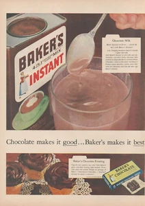 1955 Baker's 4 In 1 Chocolate Flavor Mix & Chocolate Frosting Vintage Print Ad - Picture 1 of 1