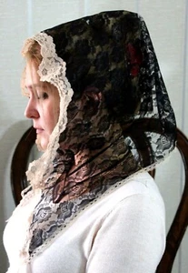 NEW MANTILLA BLACK VINTAGE BEIGE LACE HEADCOVER MASS VEIL CHAPEL CHURCH 18"x47"  - Picture 1 of 8