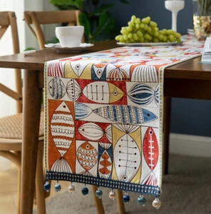 Poisson Impression Gland Table Chemin Nappe Housses Chenille Rétro Jacquard Home - Picture 1 of 11