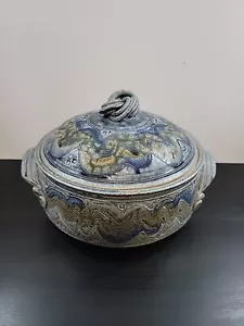 Lily Bay Studio Pottery Blue Stoneware Casserole Dish Bowl W/Lid USA Signed - Picture 1 of 7
