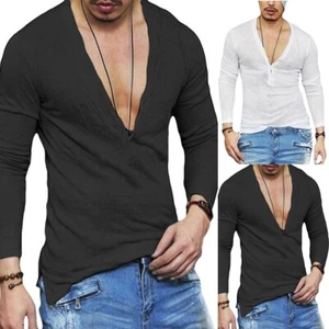 Mens T Shirt Slim Fit V Neck Long Sleeve Deep Button Top Muscle Tee Blouse - Picture 1 of 21