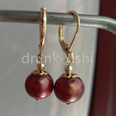 Huge Natural Tahitian Red Pearl Chocolate Leverback Earrings 14k Gold P - Image 1 of 4