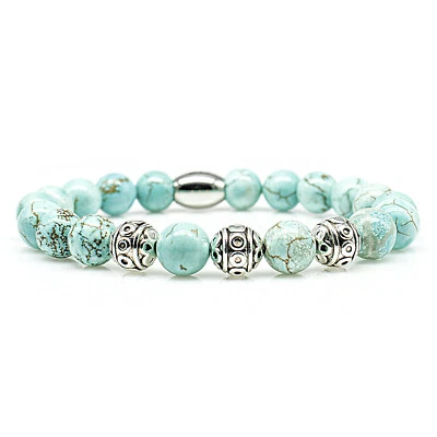 Türkis Armband Bracelet Perlenarmband Beads Kugel silber 8mm Edelstahl Perlen - Bild 1 von 4