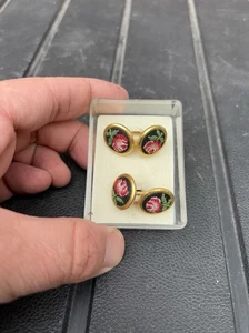Vintage Manschettenknöpfe deutsche Gobelin Stücke verpackt Kurioses Blumen Artikel ungewöhnlich 8m - Bild 1 von 3