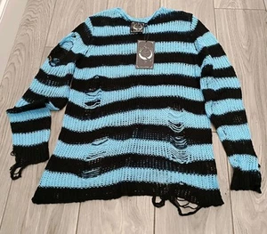 Killstar Grady Distressed Knit Teal Baggy Striped Gothic Punk Sweater Medium BNT - Picture 1 of 8