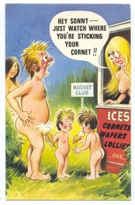 ICE CREAM CONE Humor at British Nudist Club ca1950s Comic Postcard by Taylor - Picture 1 of 2