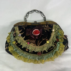 Ziba Retro Victorian Embellished Boho Frame Bag Floral Appliqué Kiss Lock 12x8 - Picture 1 of 13