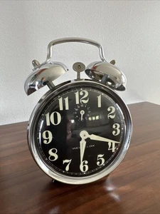 Vintage Westclox Two-Bell Alarm Clock Handle Chrome Black Made In Brazil Works - Picture 1 of 10