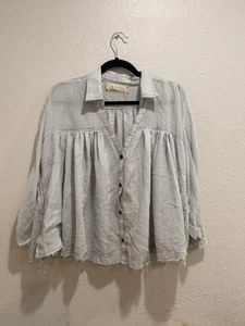 Free People Top Medium Picnic Plaid Oversized Dolman Sleeve Button Down Blue - Picture 1 of 5