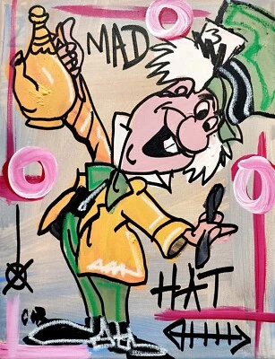 SOMBRERO LOCO CORBÉLICO 12X16 PAÍS DE LAS MARAVILLAS DIBUJOS ANIMADOS ARTE INTERIOR CONTEMPORÁNEO ORIGINAL Foto 1 de 4