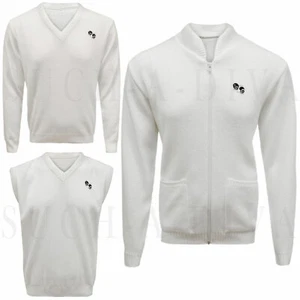 Men Golf Bowling White Sleeveless V-Neck Knitted Jumper Tank Top Cardigan Zipper - Picture 1 of 4