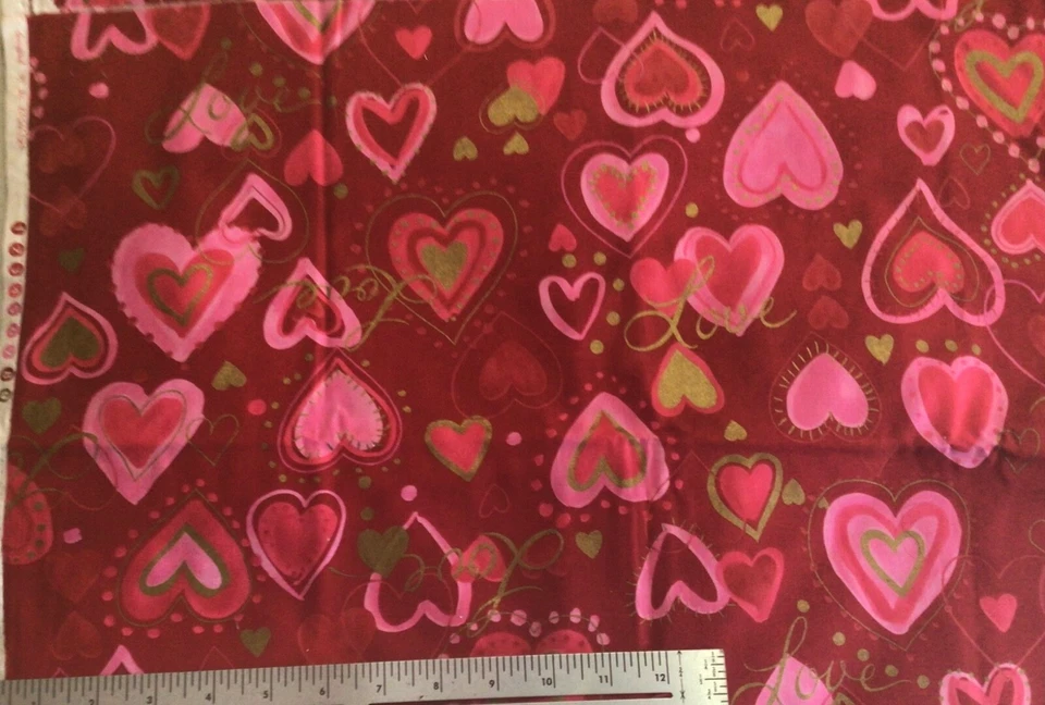 Joan Kessler Love Hearts on Red Cotton fabric 1 Yard - Image 1 of 1
