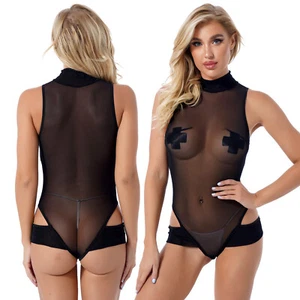 See Through Women Bodysuit Mesh Sheer Leotard Cutout Babydoll Nightwear Clubwear - Picture 1 of 13