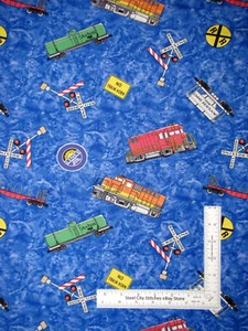 Train Fabric Locomotive Engine Cars Signals Blue Tonal Avlyn Cotton 1.5 Yards - Picture 1 of 3