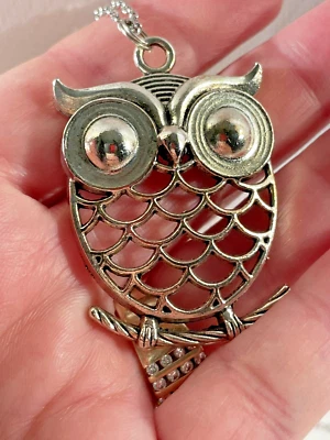 "Collar colgante grande de plata búho 30"" cadena de acero inoxidable pájaro joyería de moda NUEVO Foto 1 de 4