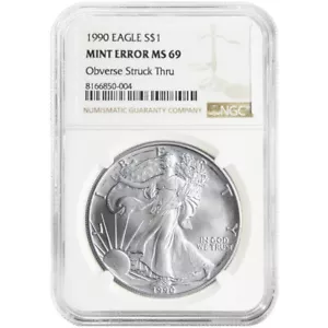 1990 $1 1-oz American Silver Eagle NGC MS69 Mint Error Obverse Strike Thru - Picture 1 of 2