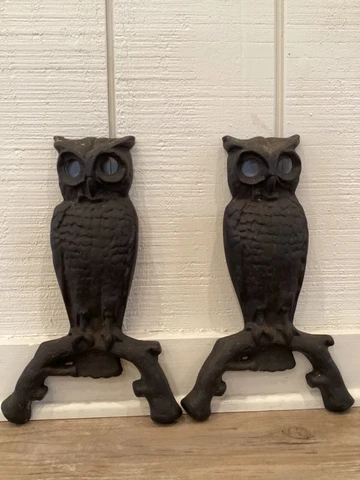 2 Antique Cast Iron Owl Andirons Scary Hollow Eyes Cover