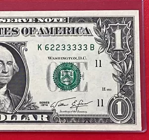 1974 $1 Dollar Fancy Serial Number Lucky 33333-5 In A Row ( DALLAS K ) UNC - Picture 1 of 3