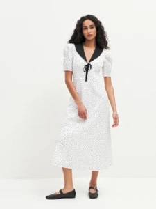 NWT Reformation Size 2 Edna White Black Polka Dot Midi Dress - Picture 1 of 6