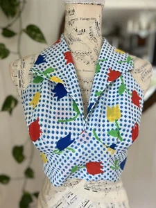 True Vintage 1970s Store Tag Halter Top Tulips Tie Back Silky Polyester S - Picture 1 of 7